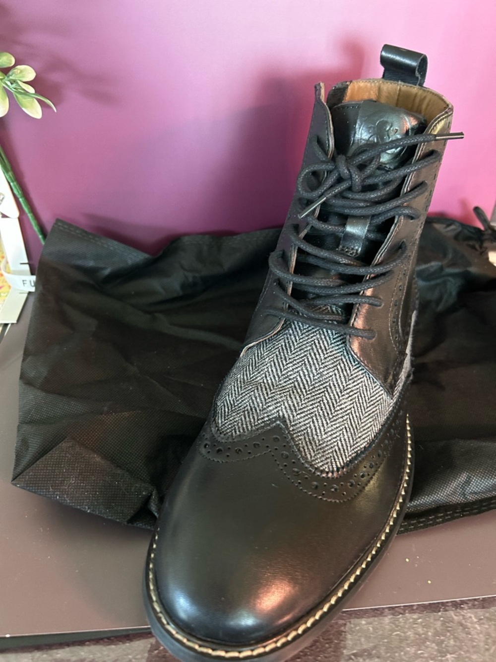 Men's Black Leather Chukka Boot with Gray Herringbone Panel